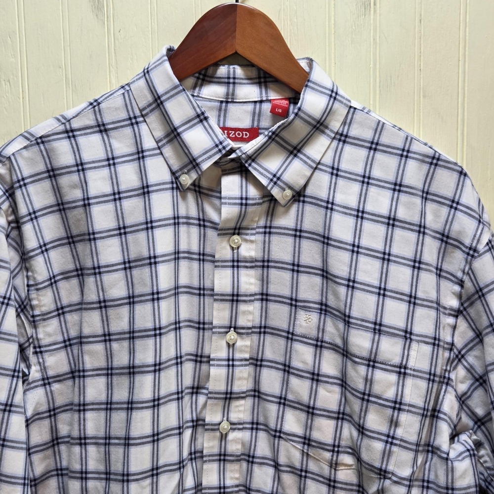 IZOD Shirt Mens Large White Plaid Flannel Long Sleeve Button-Down Pocket Casual